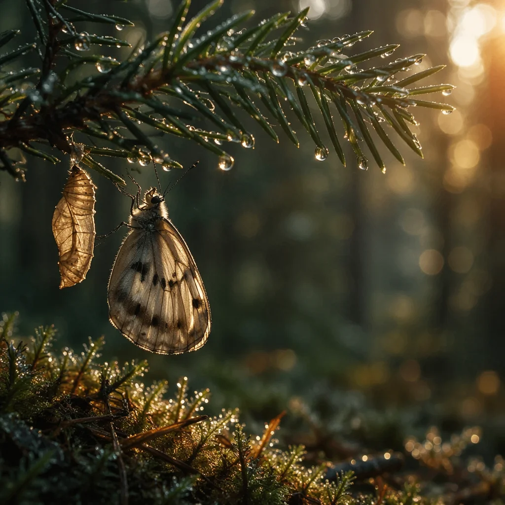 New Butterfly Emerging on Evergreen Branch