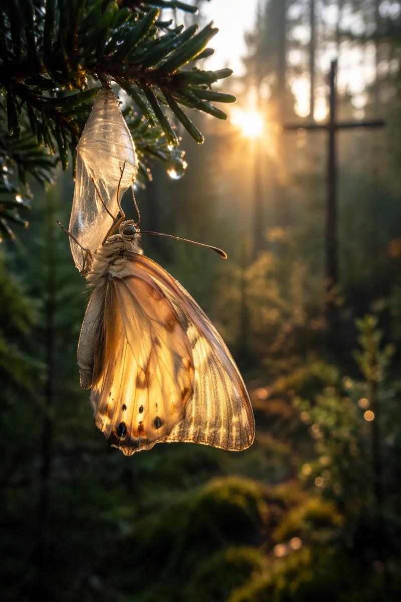 Golden Butterfly Emerging in Evergreen Dawn