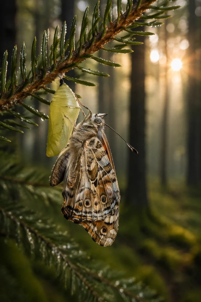 Butterfly Emerging from Evergreen Chrysalis
