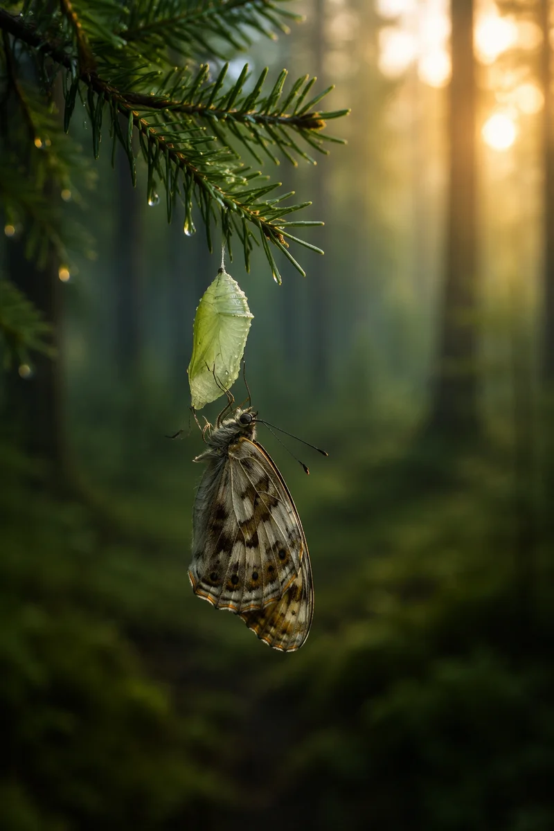 Butterfly Emerging on Evergreen Pine Branch