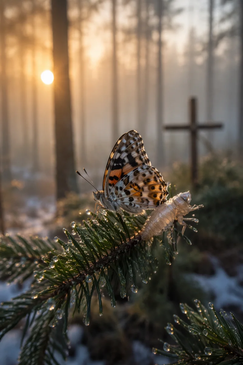 Butterfly Emerging on Evergreen at Dawn