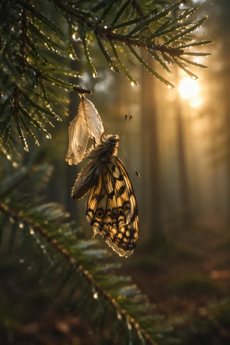 Butterfly Emerging from Evergreen Chrysalis at Dawn