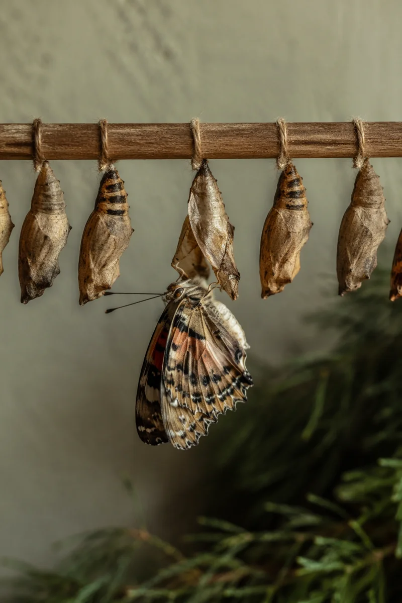 Newly Emerged Butterfly Beneath Cocoon