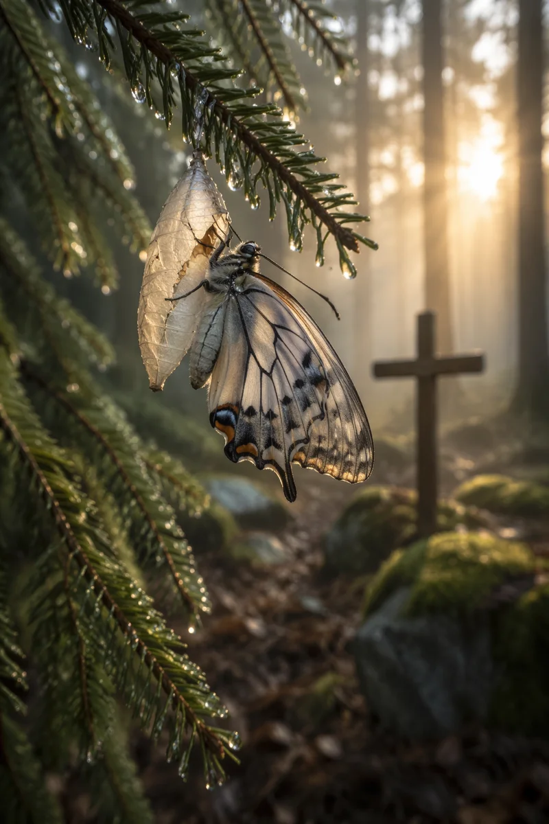 Butterfly Emerging Beside Evergreen Cross at Dawn