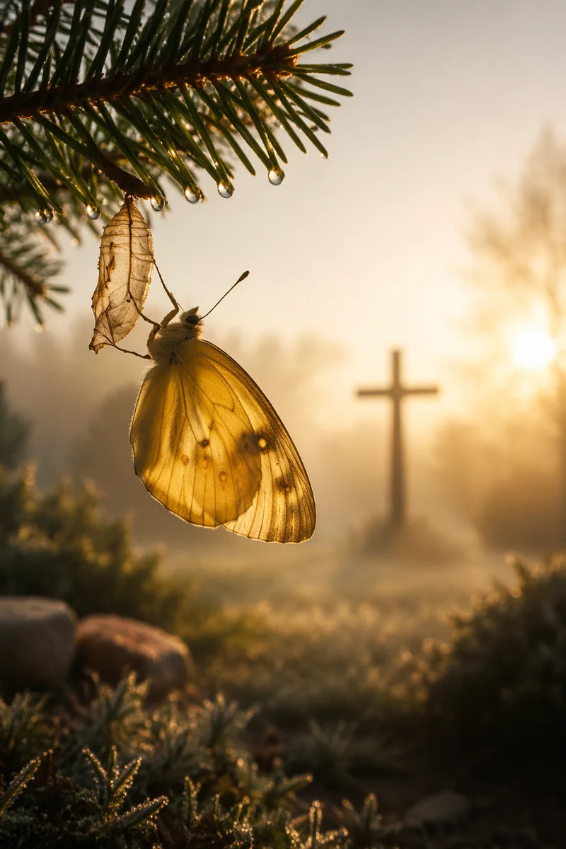 Golden Butterfly Emerging Beneath Evergreen Branch