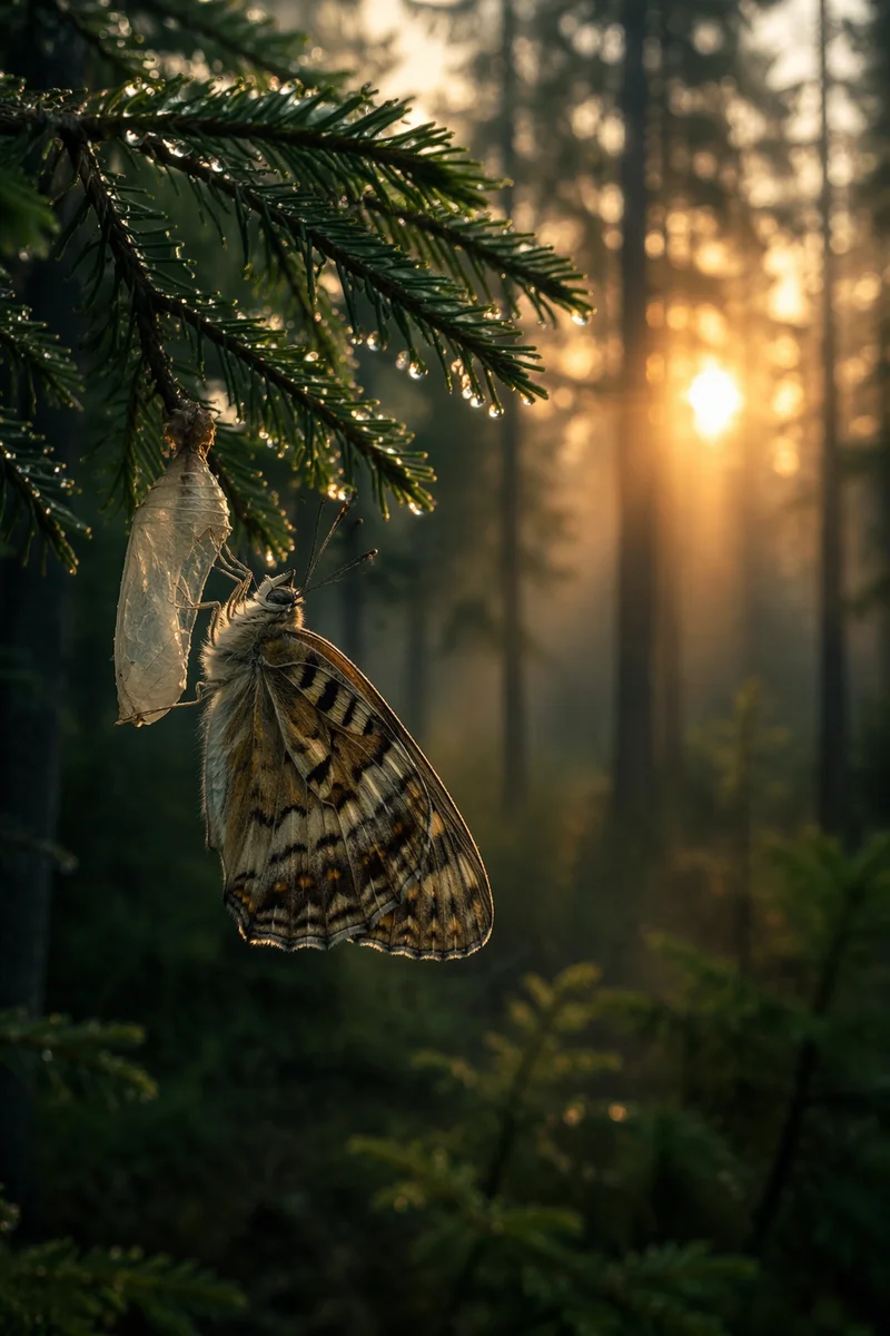 New Butterfly on Dewy Evergreen Branch