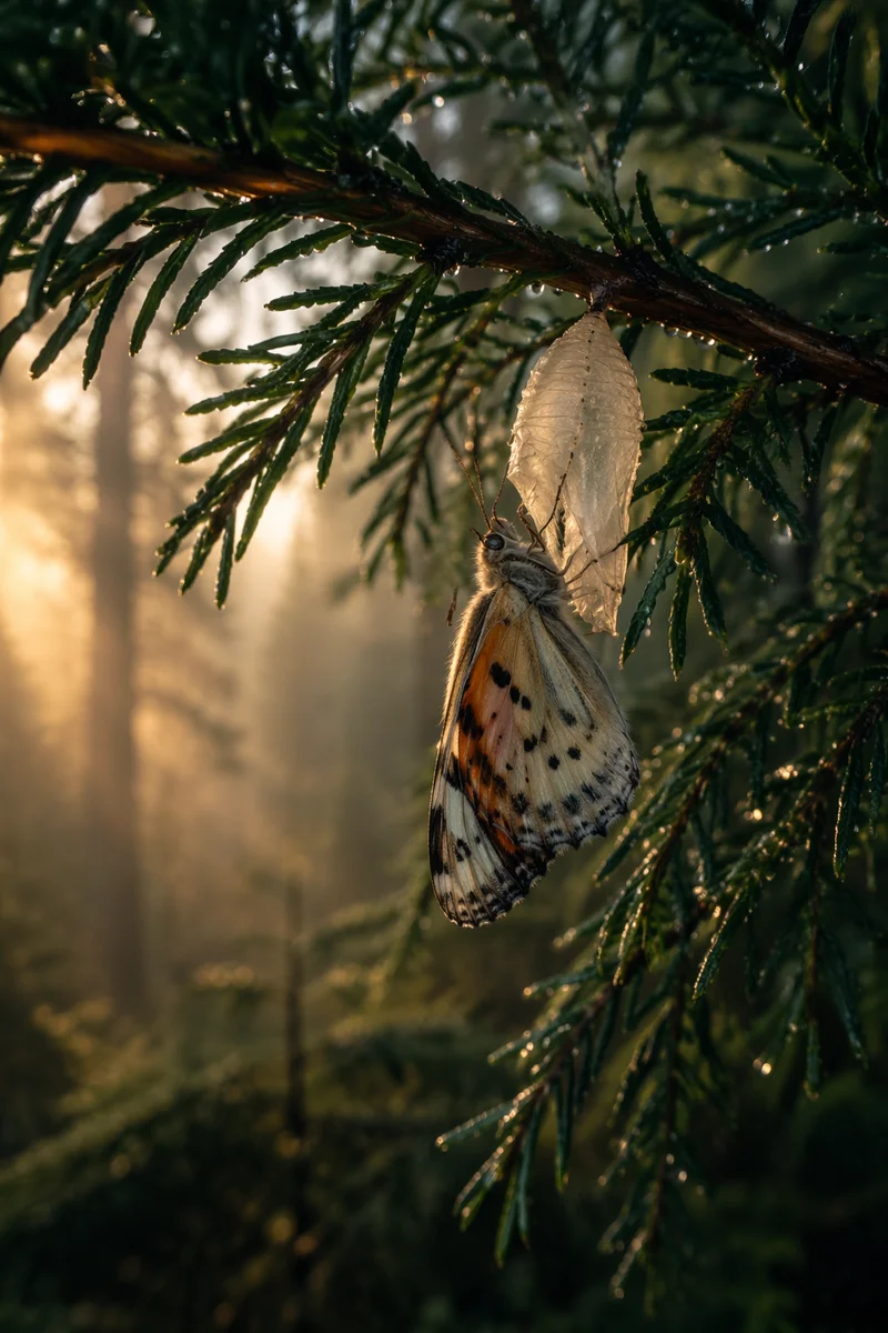 Butterfly Emerging from Cocoon in Evergreen Dawn