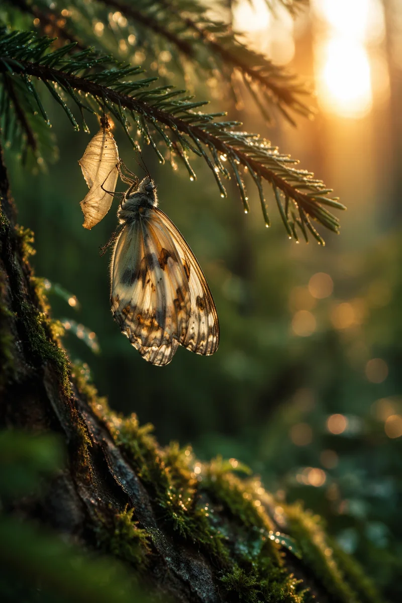 New Butterfly Emerging on Evergreen Branch