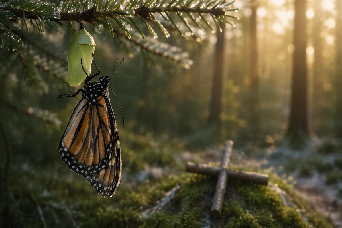 Butterfly Emerging Beneath Evergreen Dawn Light