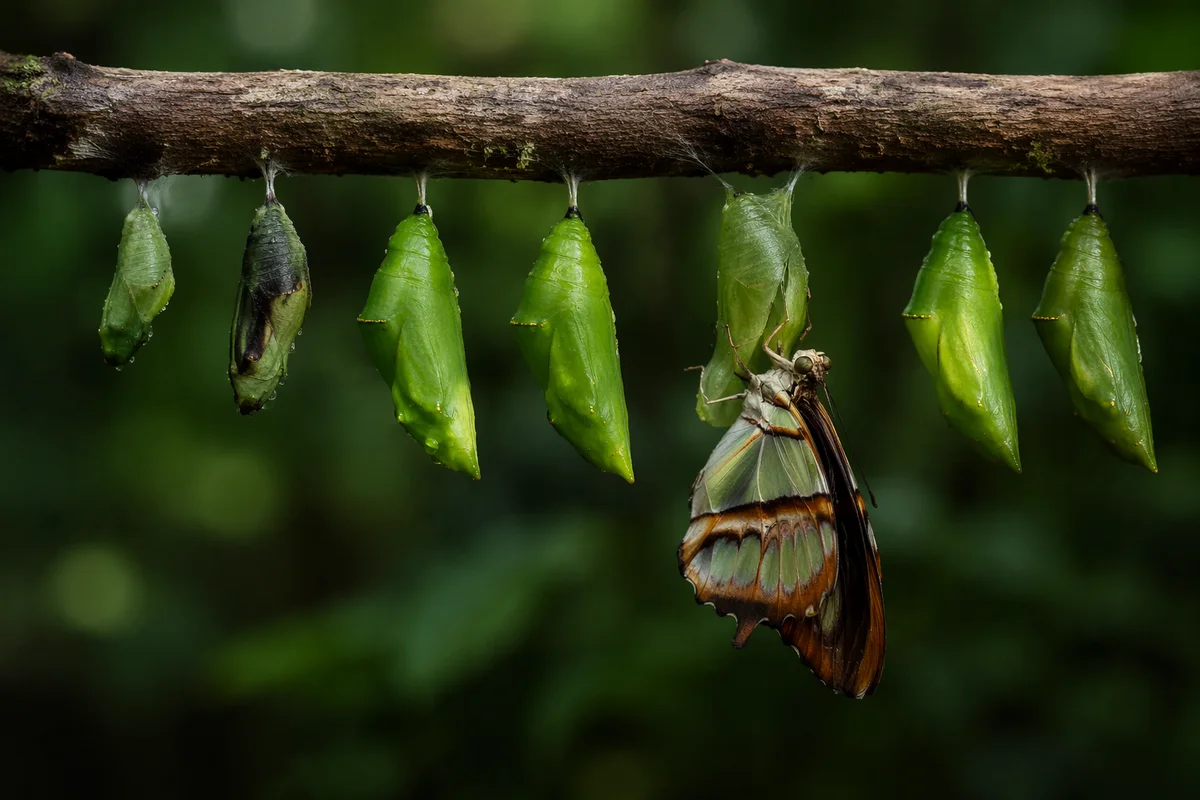 Butterfly Emerging from Evergreen Chrysalis