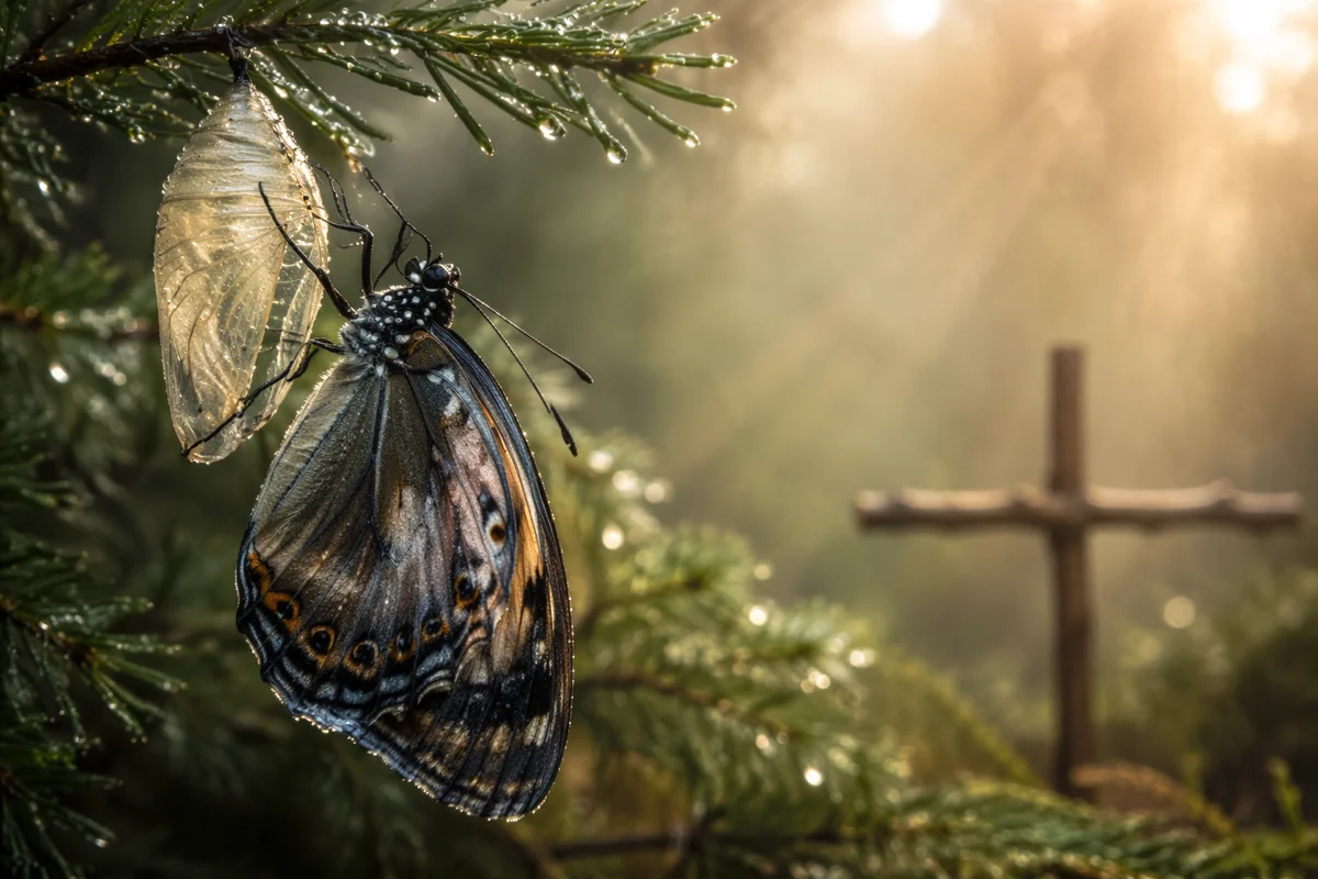 Butterfly Emerging from Cocoon on Evergreen