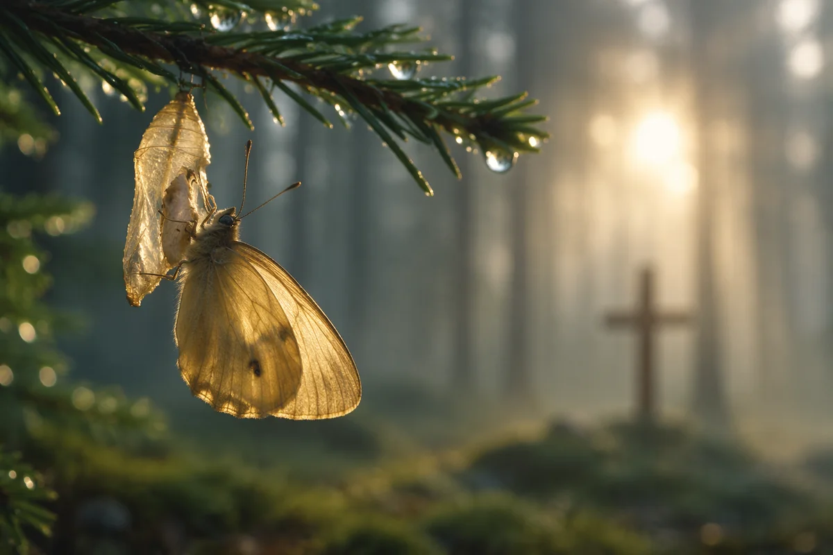 Golden Butterfly Emerging Beneath Evergreen Branch