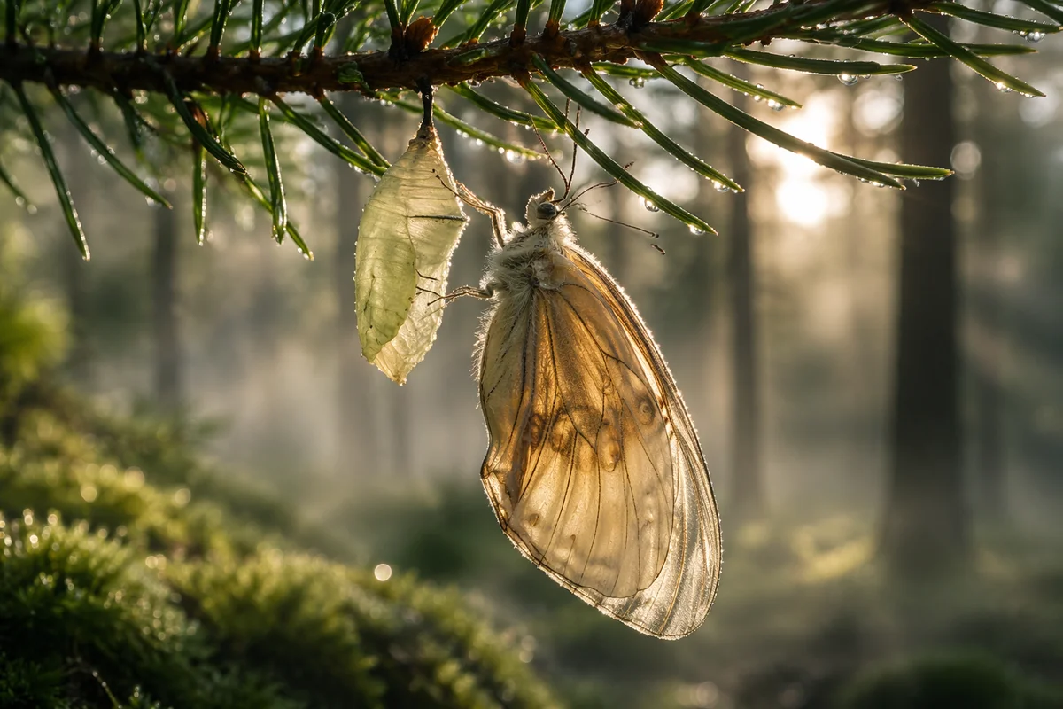 New Butterfly Emerging on Evergreen Branch