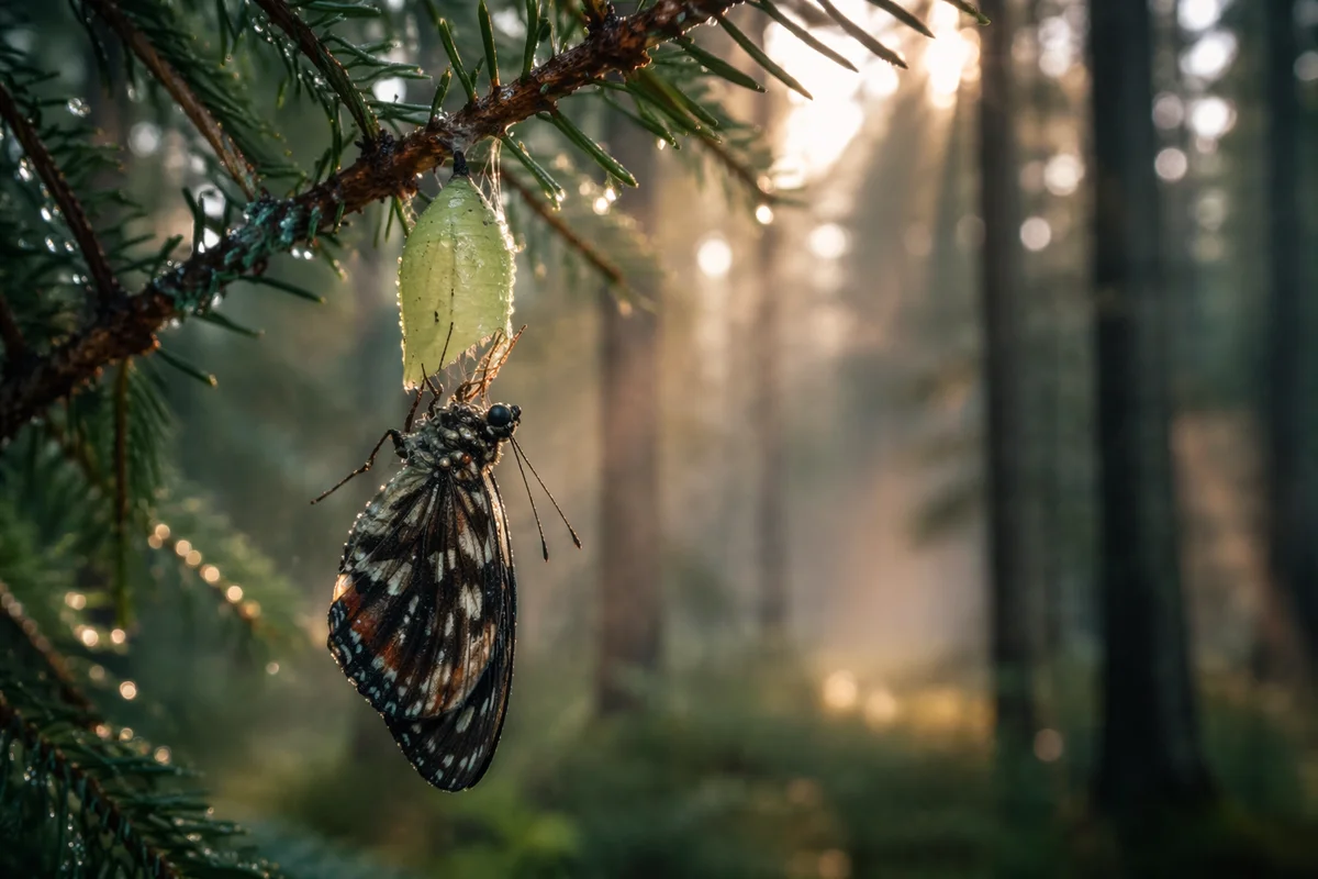 Butterfly Emerging From Evergreen Chrysalis