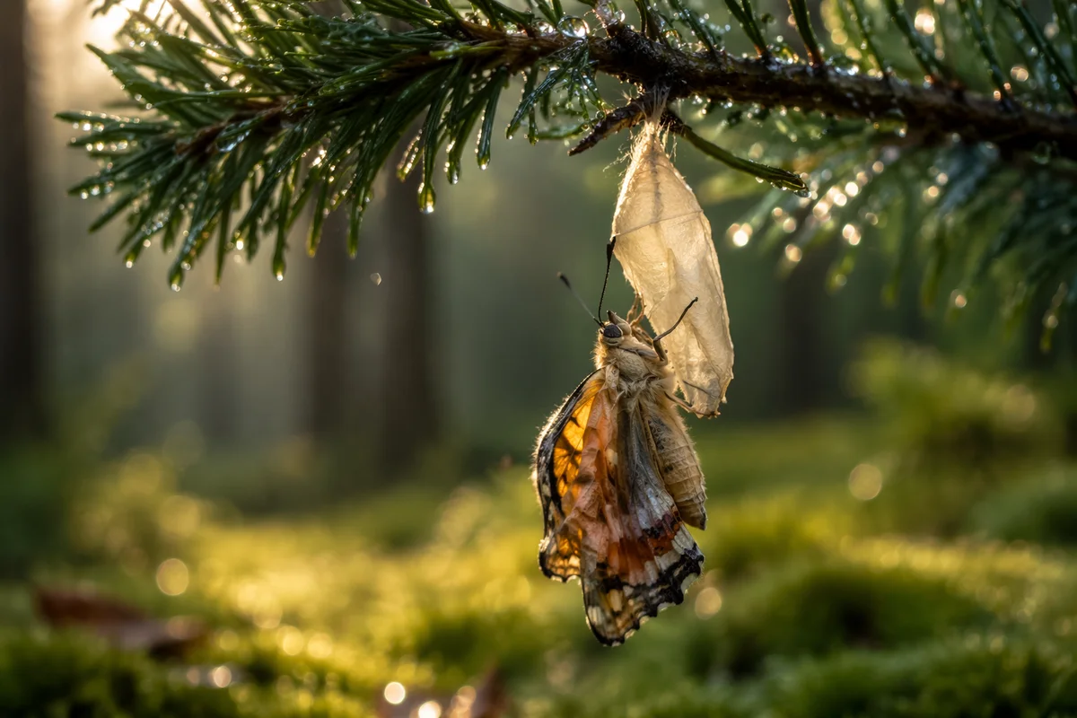 Butterfly Emerging from Cocoon on Evergreen Branch