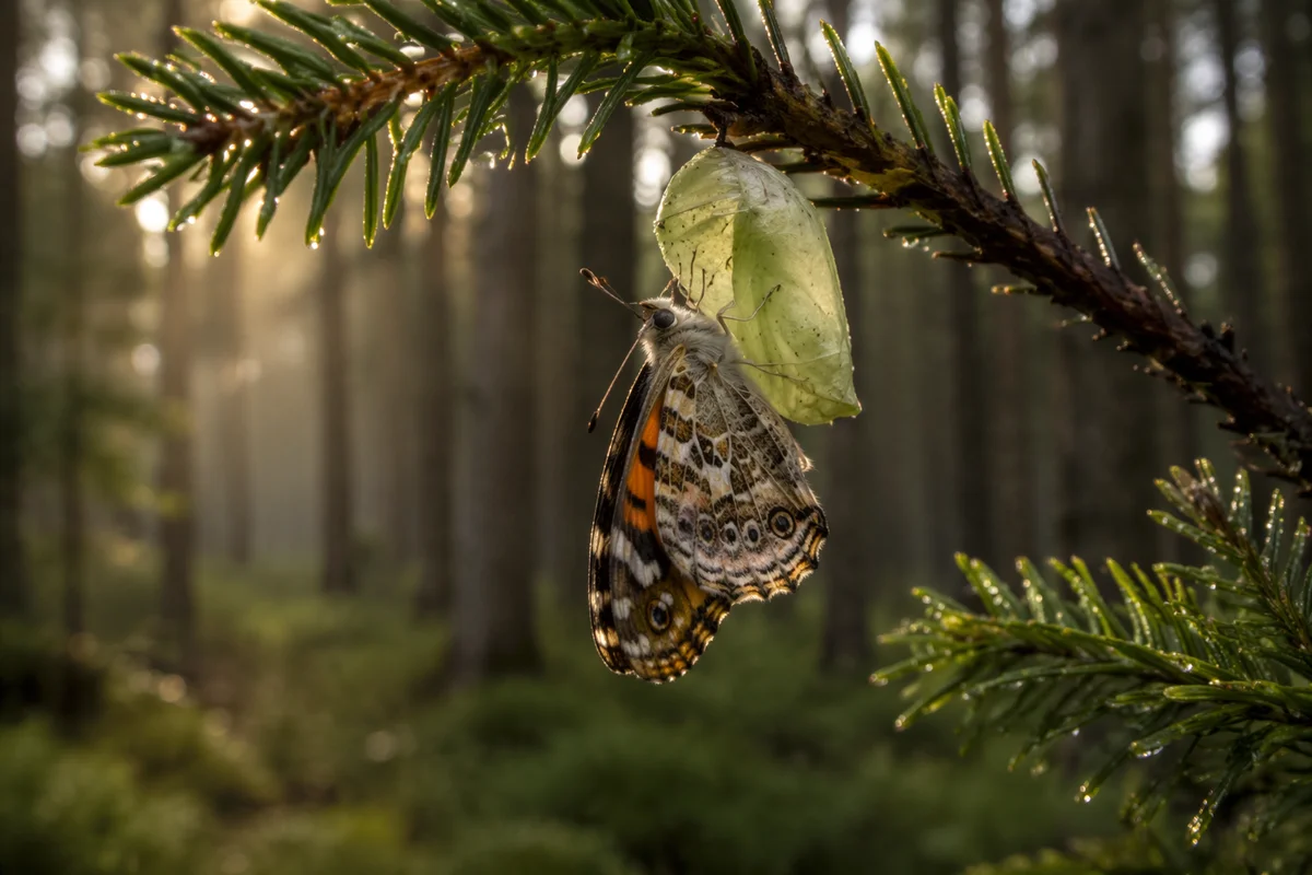 Butterfly Emerging on Evergreen Branch at Dawn