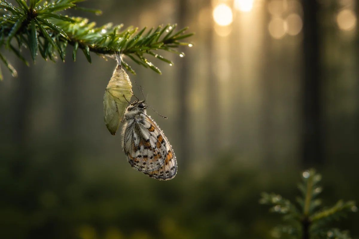 Butterfly Emerging Beneath Evergreen Pine Twig