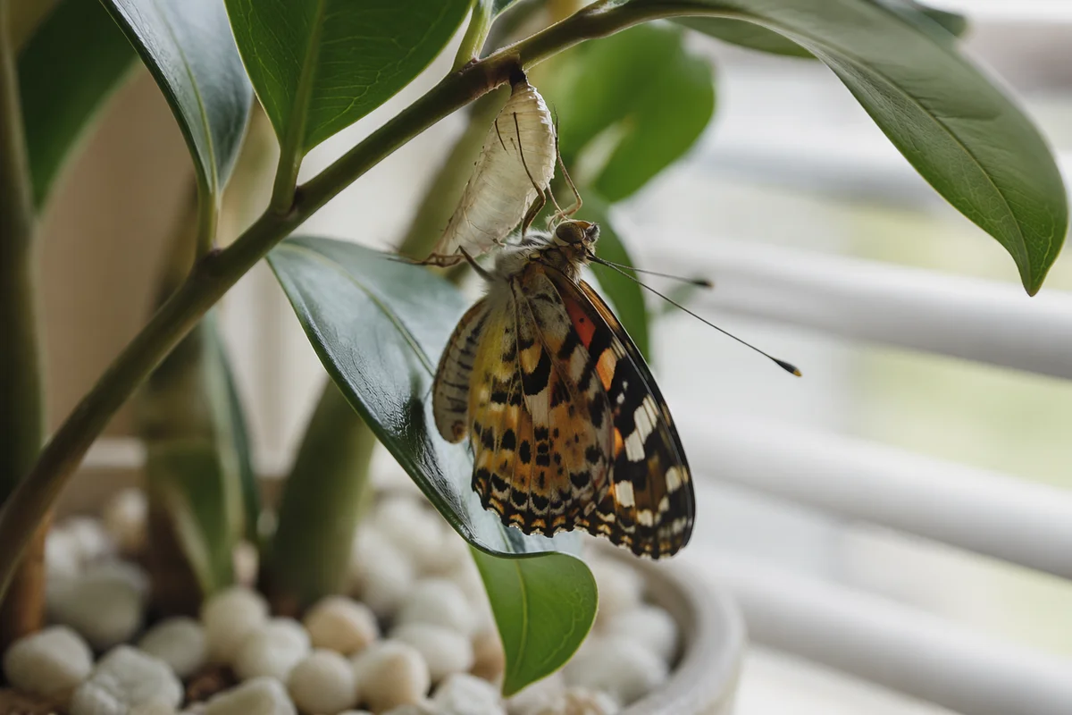 Butterfly Emerging Beneath Evergreen Leaves