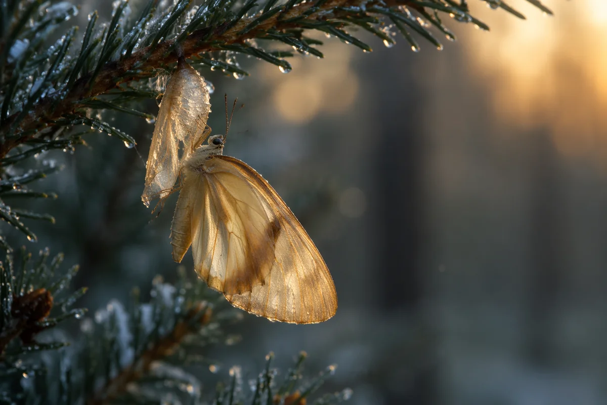 Butterfly Emerging from Cocoon on Evergreen
