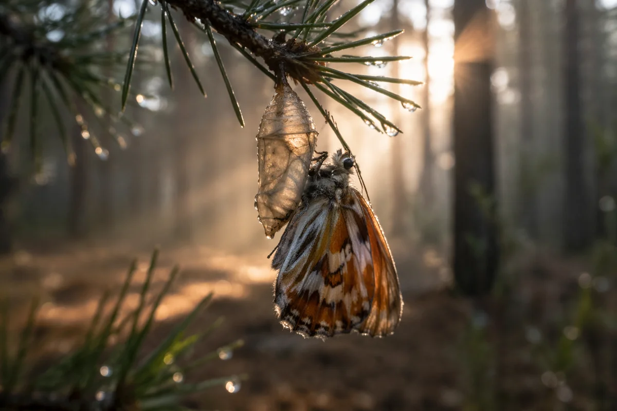 Butterfly Emerging Beneath Dewy Evergreen Branch