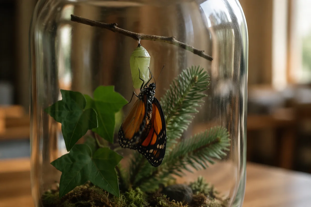 Butterfly Emerging Beside Evergreen Sprig