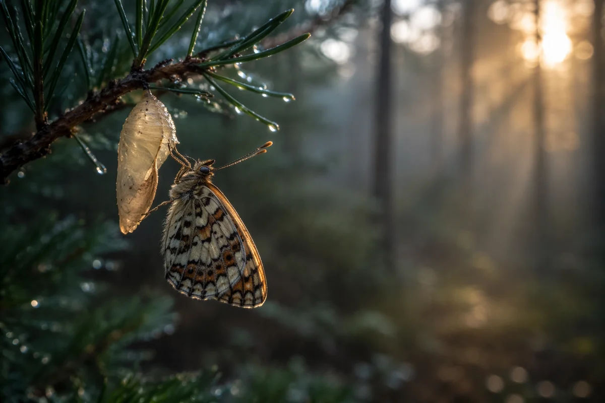 New Butterfly Emerging on Evergreen Branch