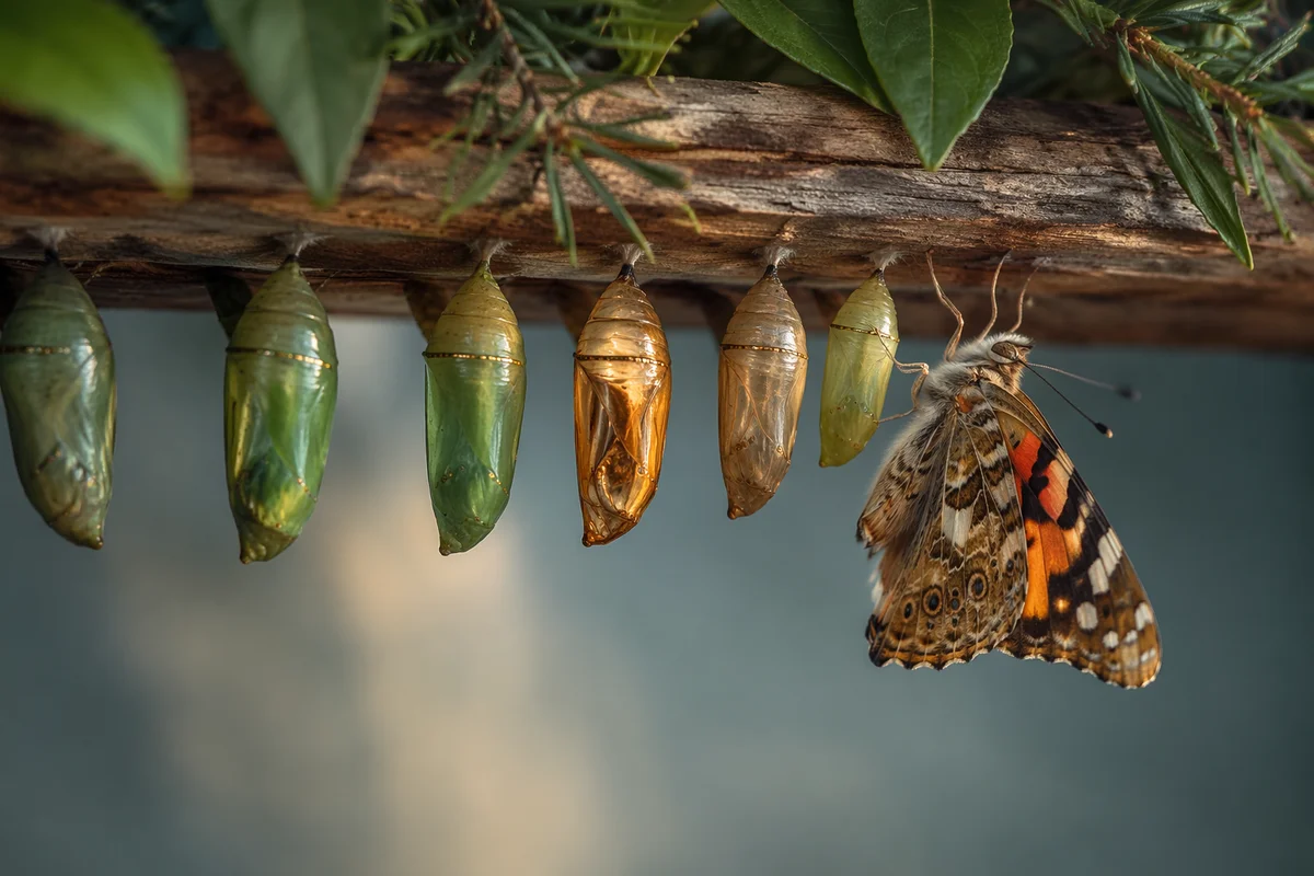 New Butterfly Emerging Beneath Evergreen Rail