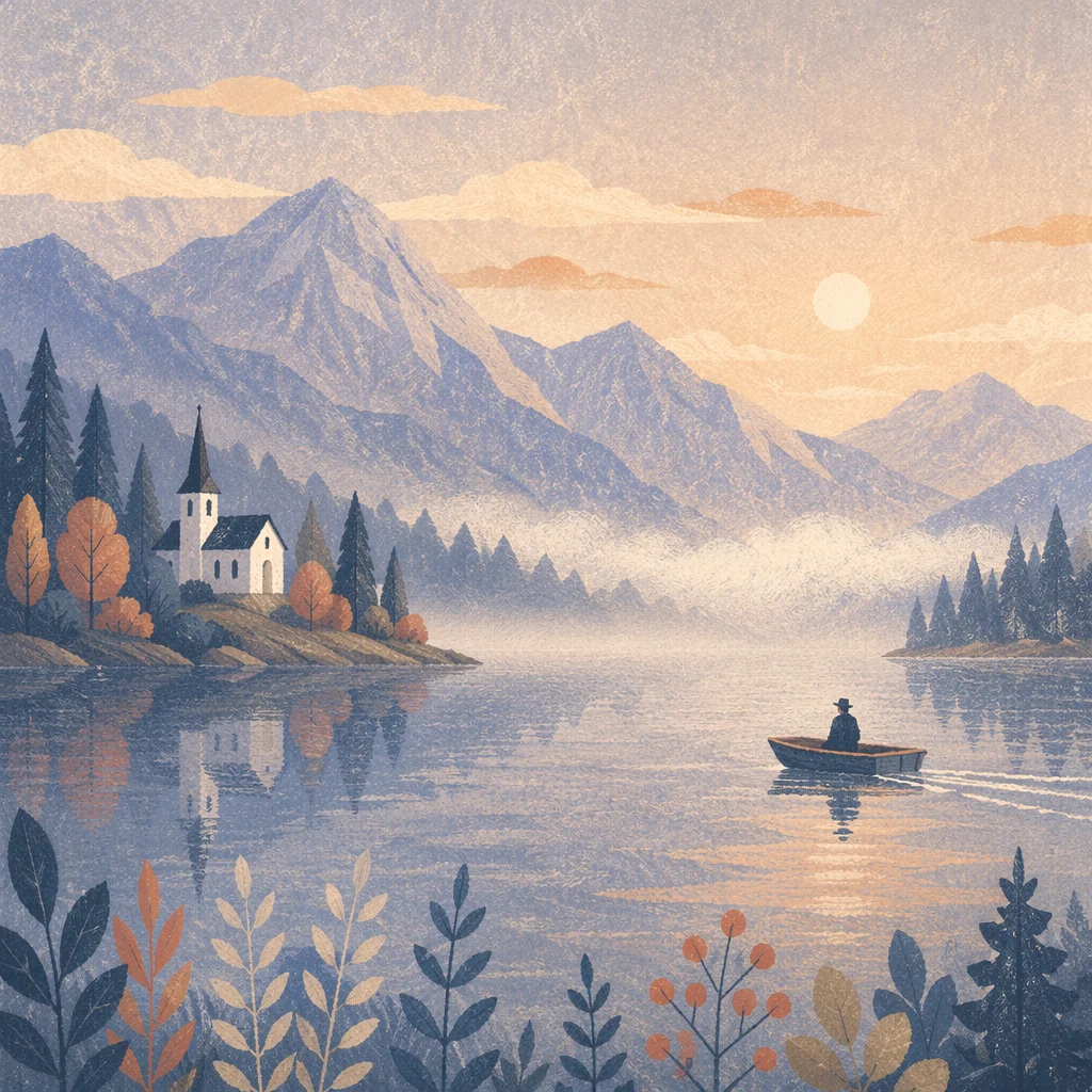 Serene Chapel by Misty Alpine Lake