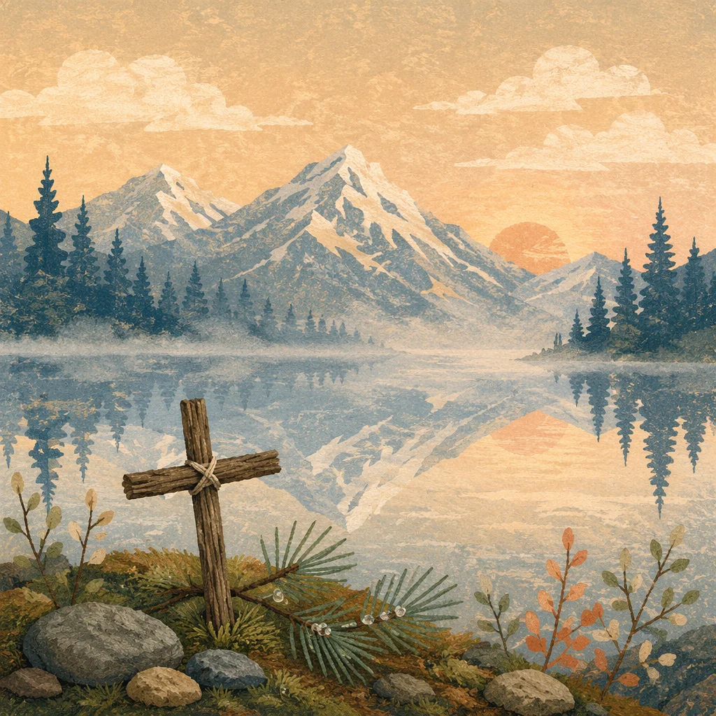 Wooden Cross by Misty Alpine Lake