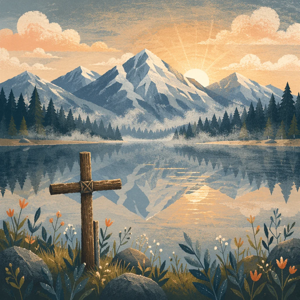 Morning Lake Reflection with Wooden Cross