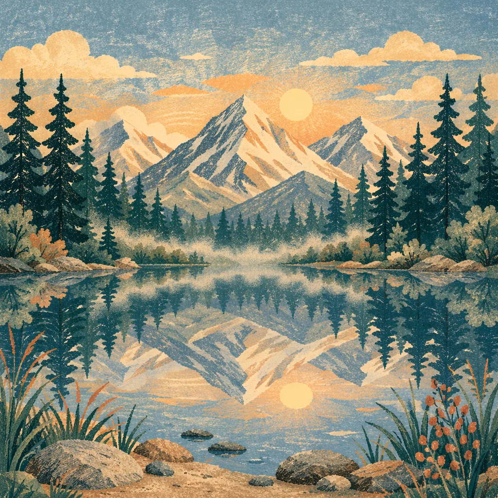 Calm Morning Lake with Evergreen Mountains
