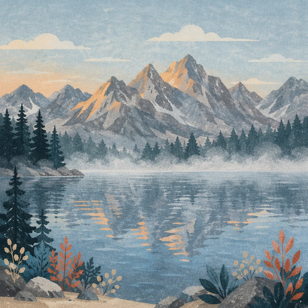 Calm Morning Lake Reflection in Evergreen Mountains