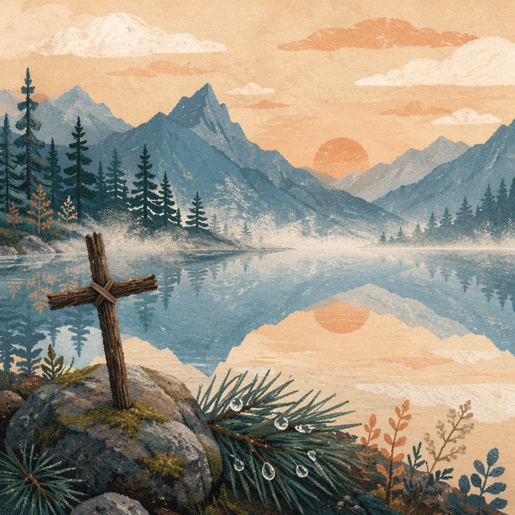 Morning Lake Reflection with Wooden Cross