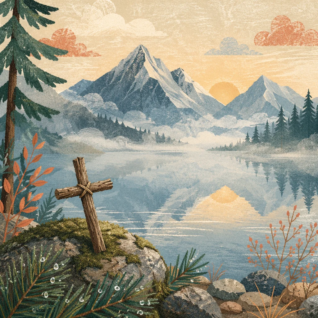 Morning Lake Cross with Mountain Reflection