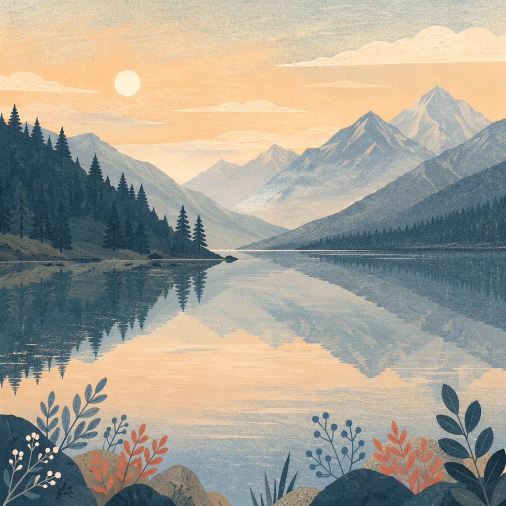 Calm Mountain Lake at Peach Dawn