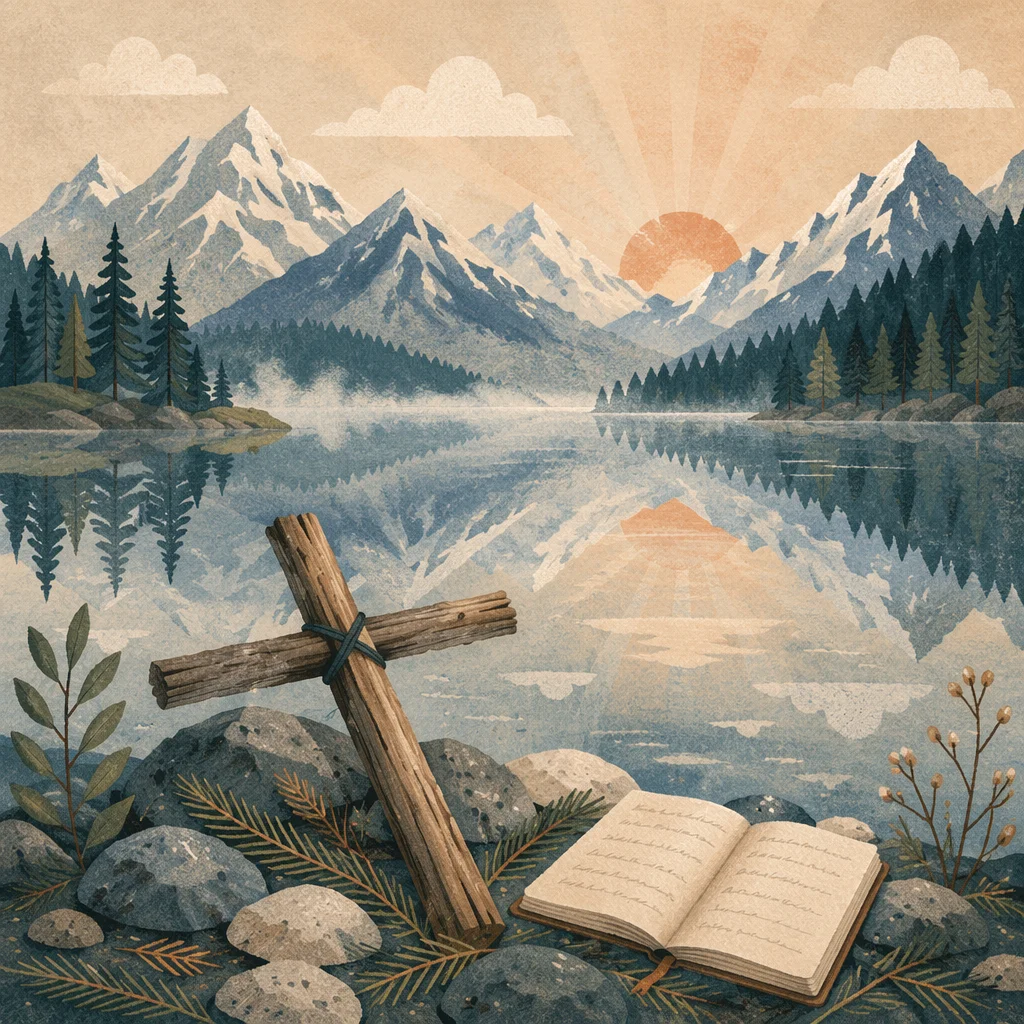Morning Lake Reflection with Wooden Cross