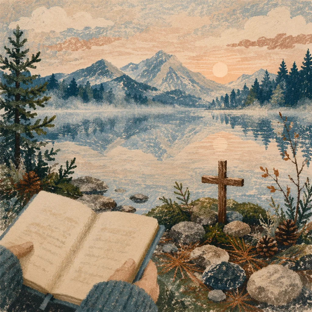 Morning Lake Reflection with Wooden Cross
