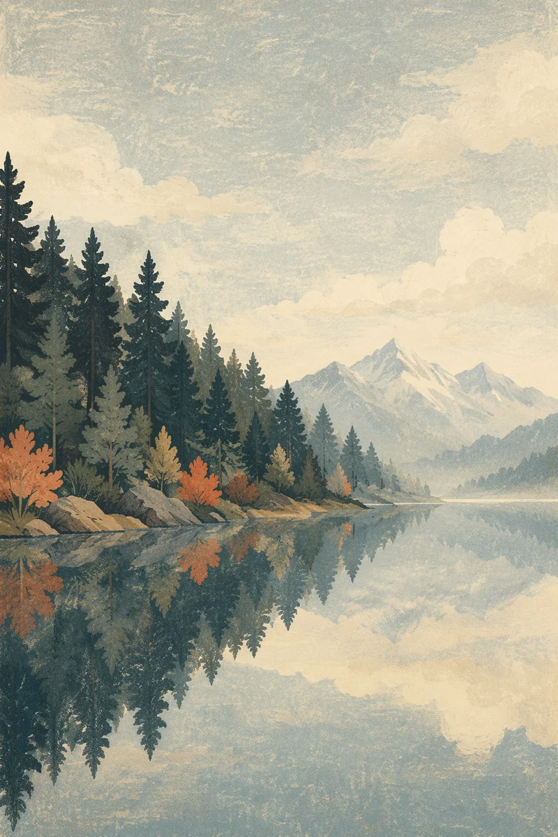 Misty Alpine Lake With Evergreen Reflection