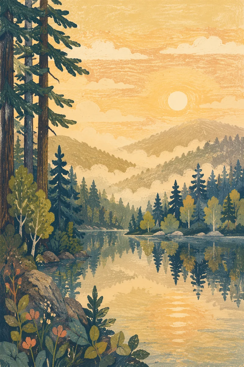 Calm Morning Lake With Evergreen Mountain Reflections