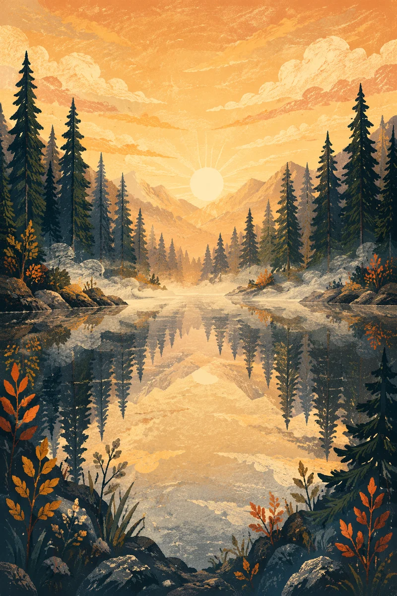 Calm Mountain Lake at Golden Dawn