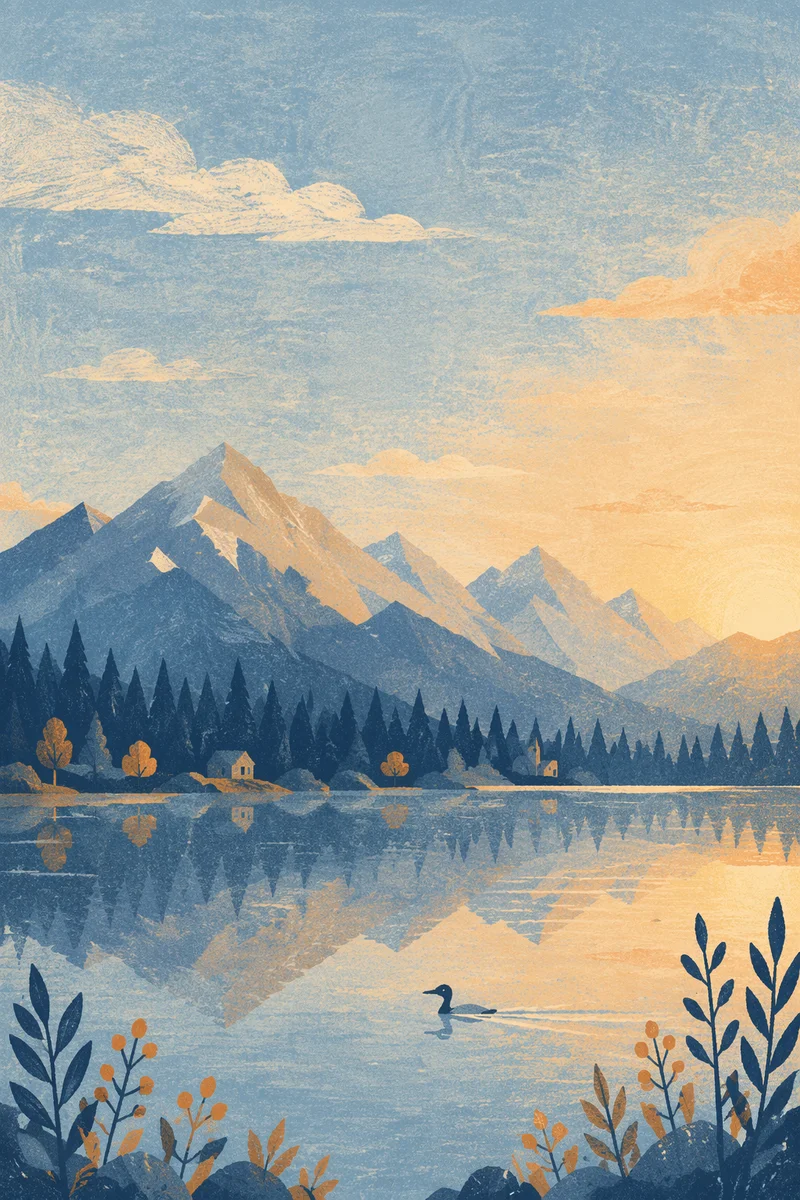 Serene Morning Lake with Evergreen Mountains
