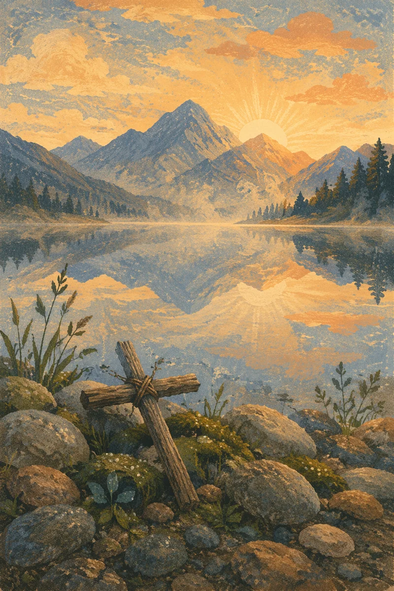 Peaceful Alpine Lake Cross at Sunrise