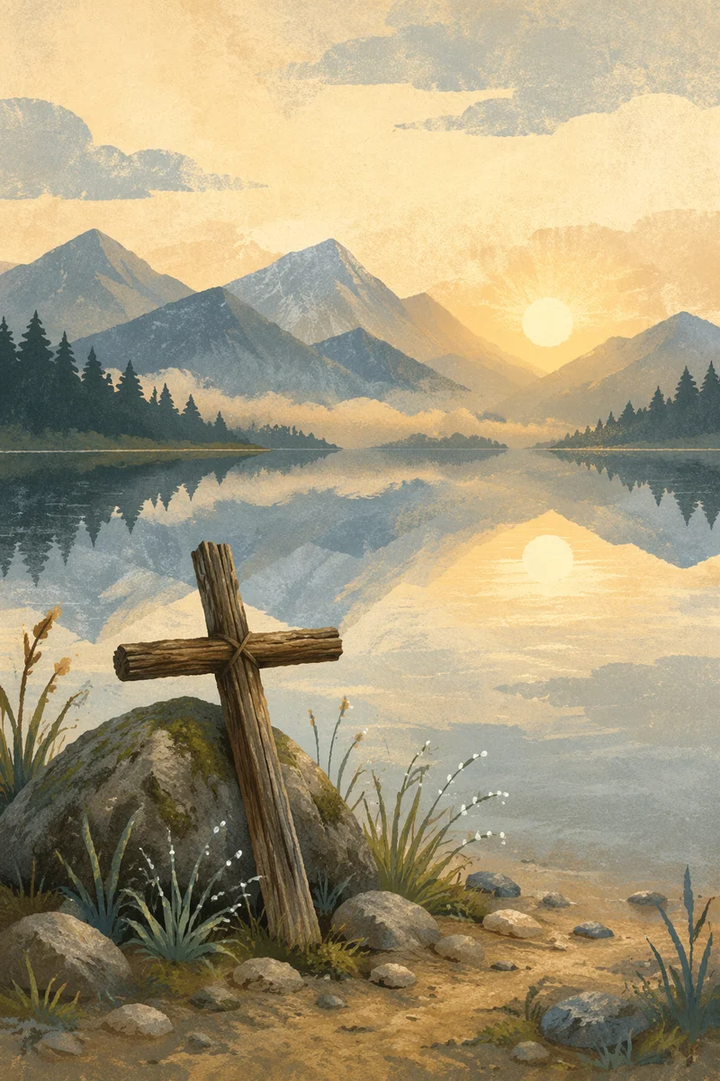 Calm Alpine Lake Cross at Sunrise