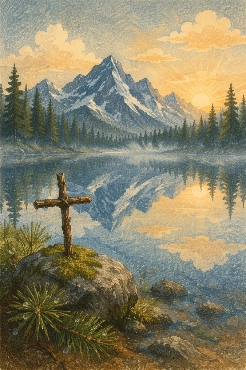 Wooden Cross by Calm Alpine Lake