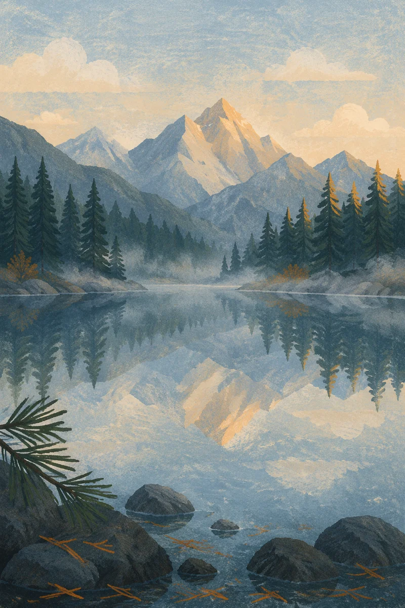 Calm Morning Lake Reflection in Evergreens