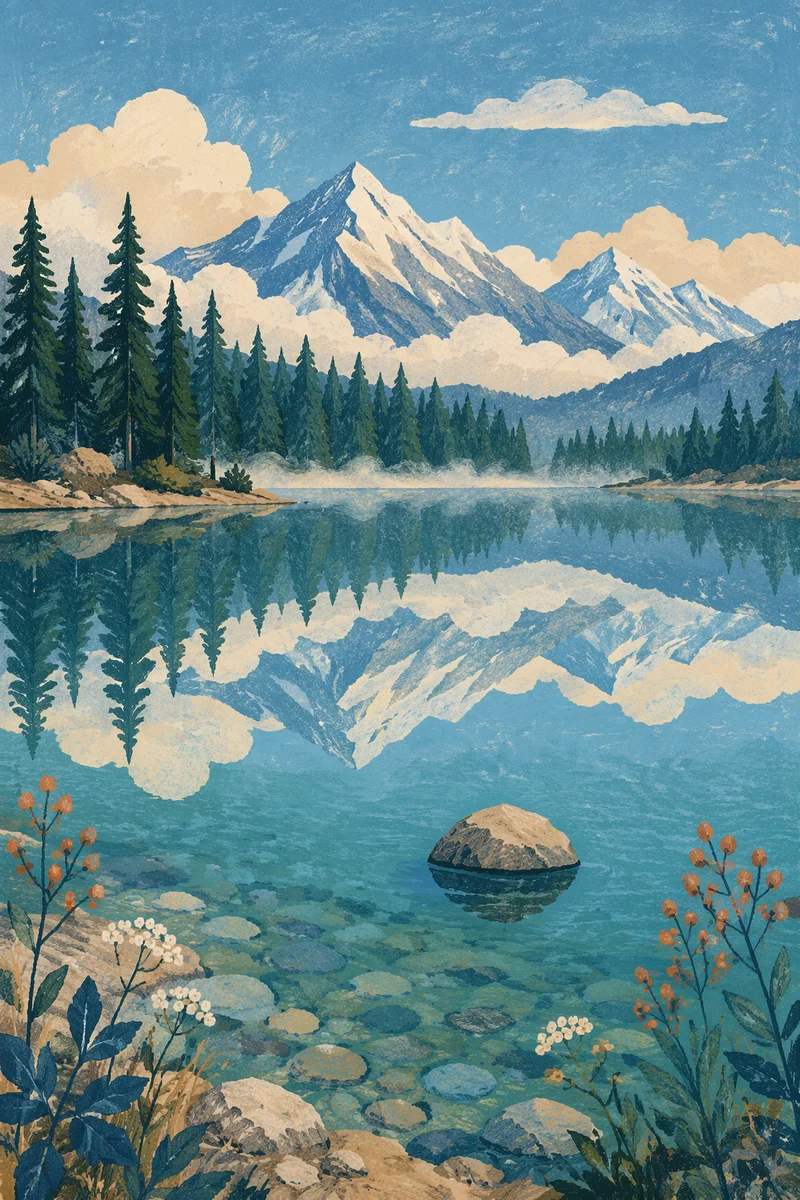 Calm Morning Lake Reflection in Mountains