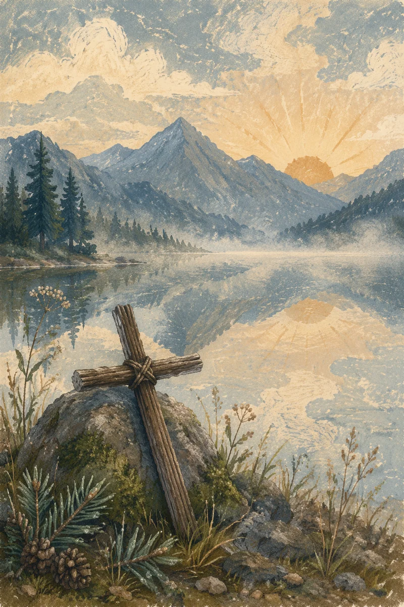 Morning Cross by Calm Alpine Lake