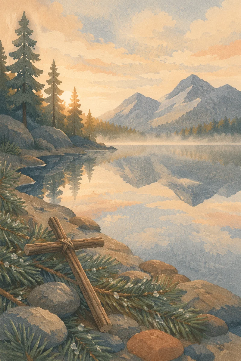 Twig Cross Beside Misty Mountain Lake