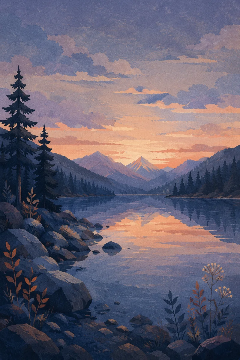 Peaceful Morning Lake with Evergreen Mountains