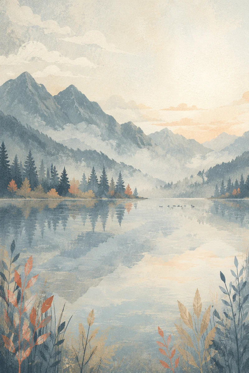 Calm Morning Lake with Evergreen Mountains